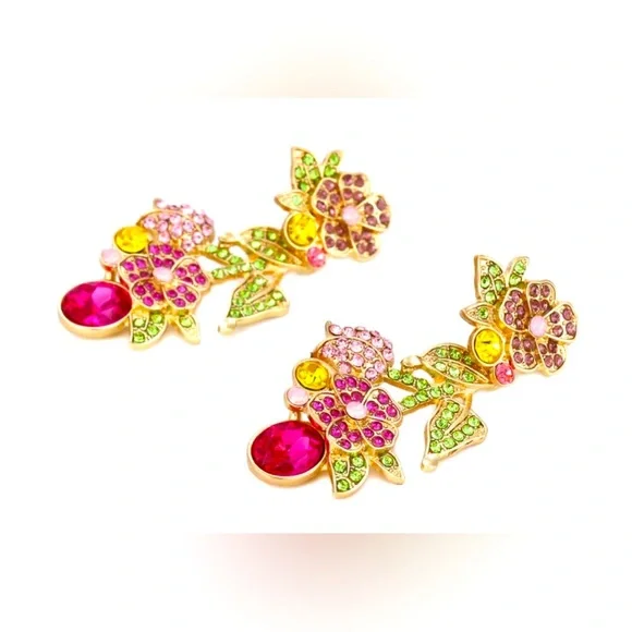 Leaf & Flower Stud Dangle Earrings Shiny Mixed Color Crystal - Picture 3 of 4